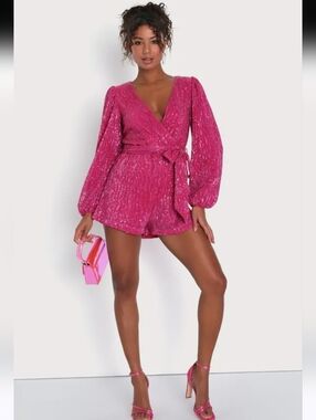 Lulus Glamorous Presence Hot Pink Sequin Long Sleeve Surplice Romper